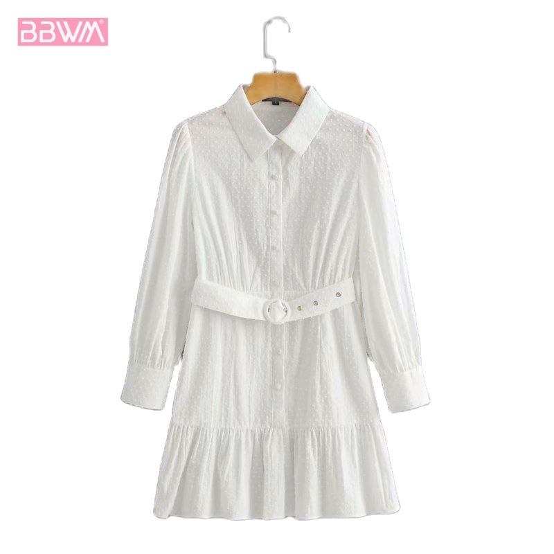 Women Lapel Long Sleeve White Dress with Belt Vintage Loose Single Breasted Stitching Chic Female Dresses Mujer 210507