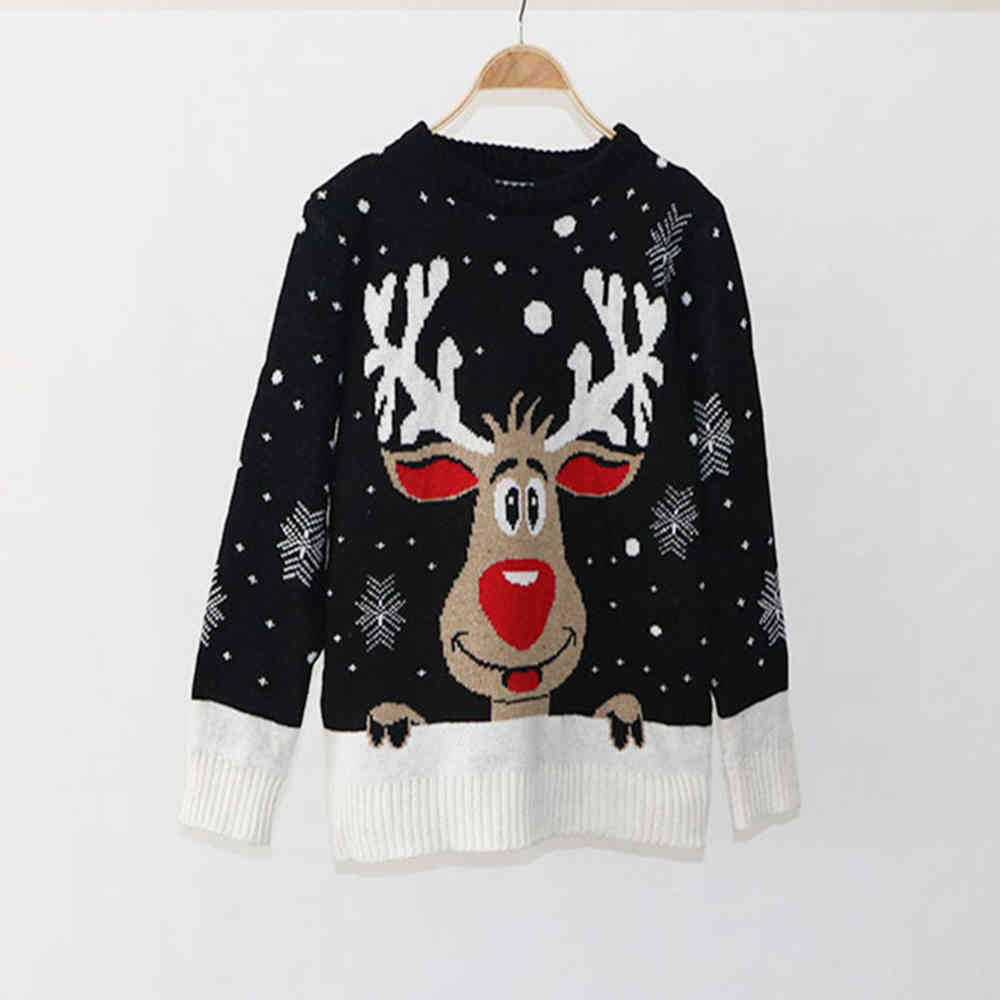Women Winter Christmas Sweater Deer Snow Knitted Year Vintage Patchwork Pullover Warm Thick Jumpers Tops 210428