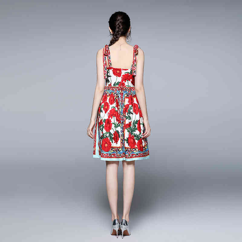 Runway Summer Women's Sexy Spaghetti Strap Red Floral Printed Casual High Waist Slim Party Dress Vestidos 210519