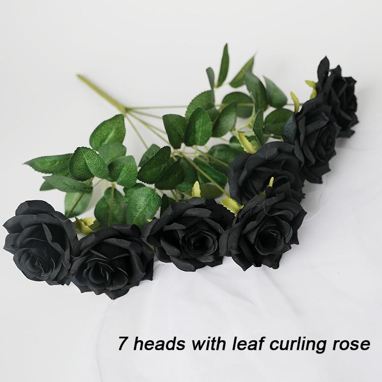 Artificial Black Rose Flower Head 7 Bunch Silk Bouquet Decoration Wedding Home Fake Roses Floral Decorative Flowers & Wreaths