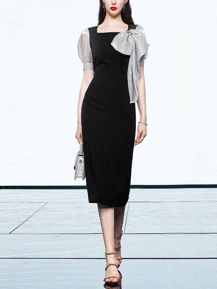 Office Pencil Eleagnt Bow Dress For Ladies Elegant Vintage Square Collar Summer Lantern Sleeve Slim Fashion 210421