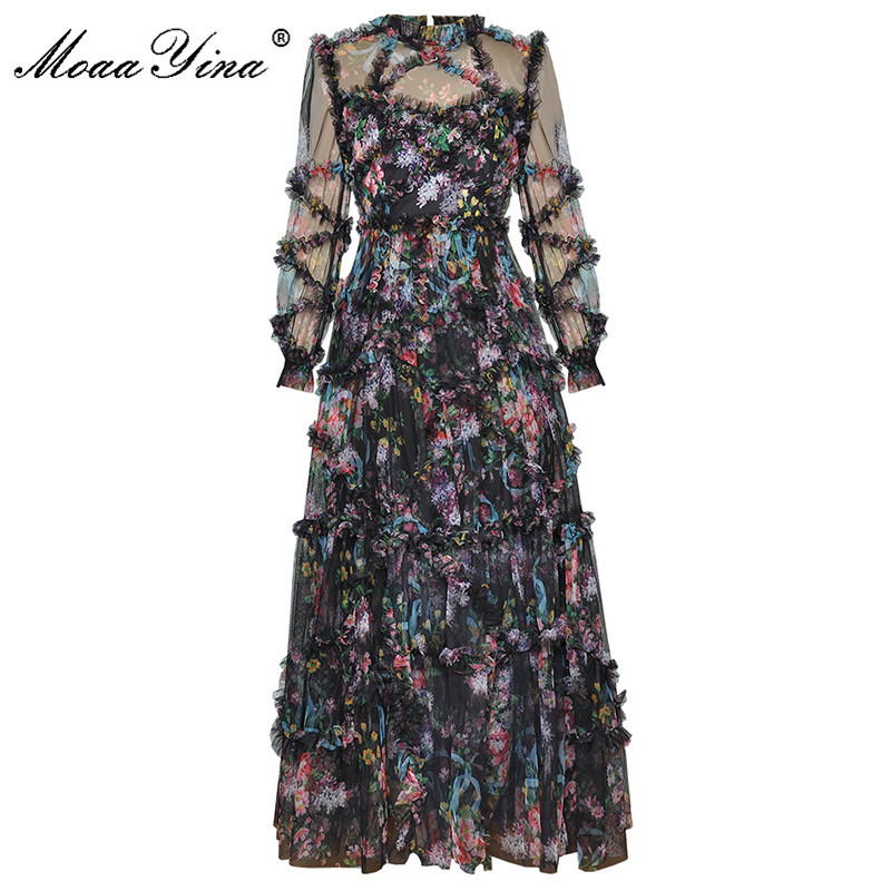 Fashion ner dress Spring Women's Dress Lantern Sleeve Mesh Print Cascading Ruffle Vacation Ball Gown Dresses 210524