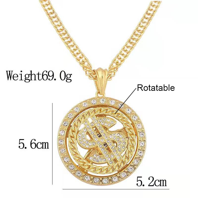 Hip Hop Rotatable Money US Dollar Symbol Necklace Long Chain Bling Bling Gold Silver Plated Austrian Crystal Diamond Dollar Sign Necklace for Men Wome