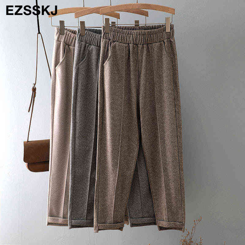 CHIC LOOSE harem woolen pants women's autumn winter thick Woolen straight high waist Korean trouses 211124