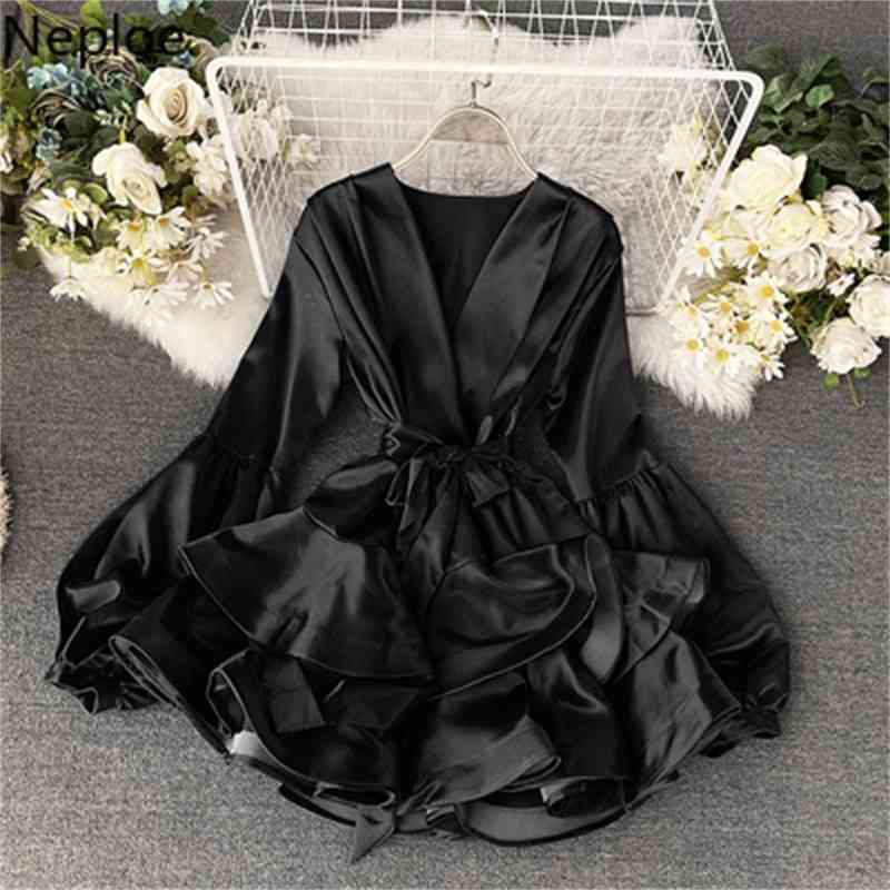 Neploe Korean Fashion Dress Woman Satin Temperament Vestidos Mujer V-neck Lantern Sleeve Robe Lace Up Ruffles Elegant Dresses 210422