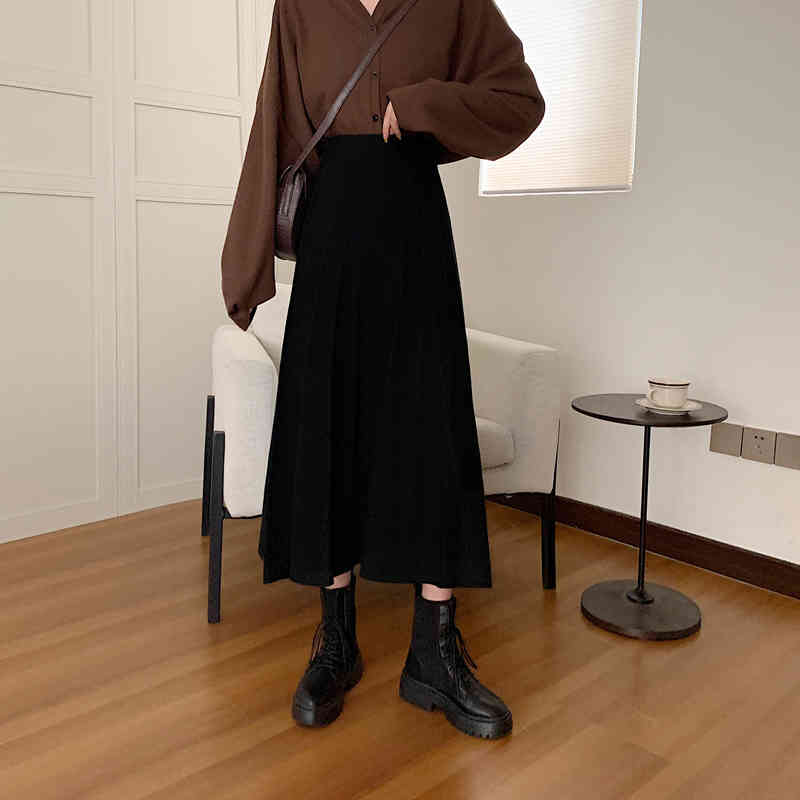 Nomikuma Autumn Winter Knitted Women Skirt Korean High Waist Pleated A-line Sweater Skirts Causal Faldas Mujer Moda 6D351 210427