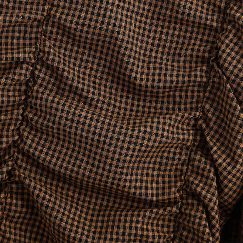 Vintage Woman Plaid Pleated Stretchy Slim Mini Dresses Spring Fashion Ladies Lantern Sleeve Female Elegant 210515