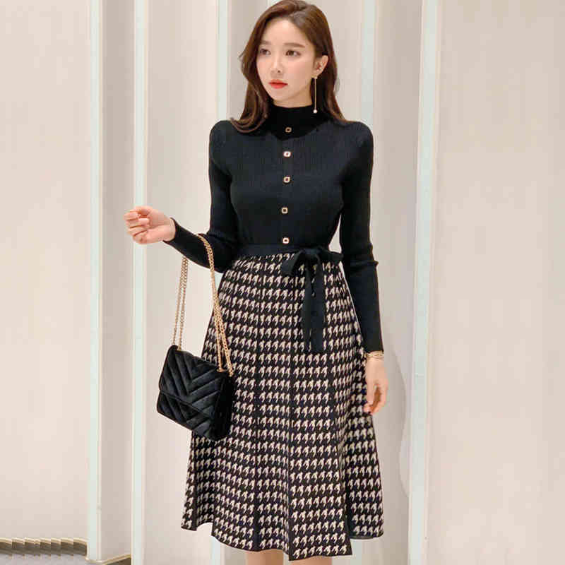 Women Autumn And Winter Vintage Elegant Houndstooth Print Knitted Patchwork Dresses Long Sleeve Belt Vestidos 210520