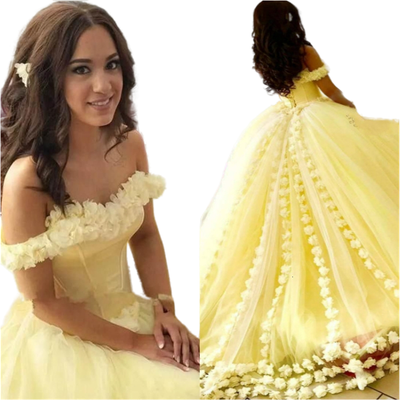 Elegant Yellow Quinceanera Dresses Off The Shoulder 3D Floral Appliques Ball Gown 2025 New Arrival Sweet 16 15 Dress Juniors Flowers Princess Prom Pag