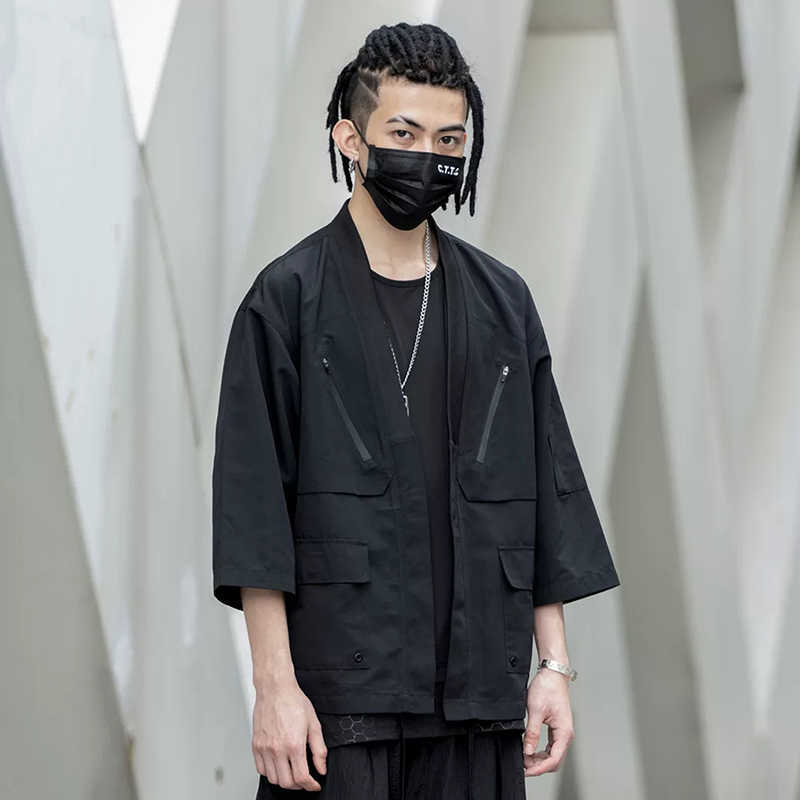 Japanese Kimono Jacket Zipper Pockets Hip Hop Men Black Jacket Streetwear Harajuku Japan Style Cardigan Jacket Kimono 210818