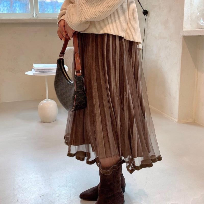 Chic Female OL Elastic-Waist Mesh Slim Regular Women High Waist Solid Elegant Fashion Feminine Long Skirts 210421