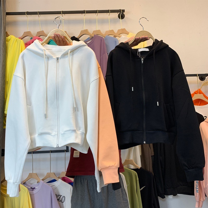 Autumn Sweatshirts Candy Color Solid S-XL Women Hoodies Korean Zipper Hooded Short Hoodie Sweet Tops 18488 210415