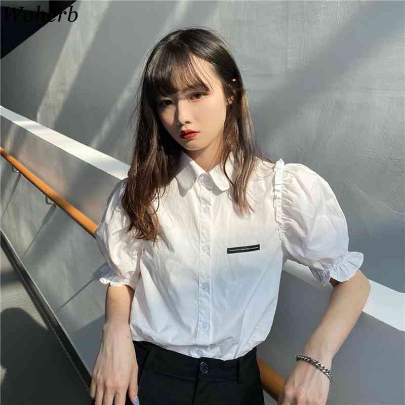 Shirts Women Summer Puff Sleeve Peter Pan Collar Tops Korean Wild Solid Color Blouse Fashion Elegant Office Lady Clothing 210519