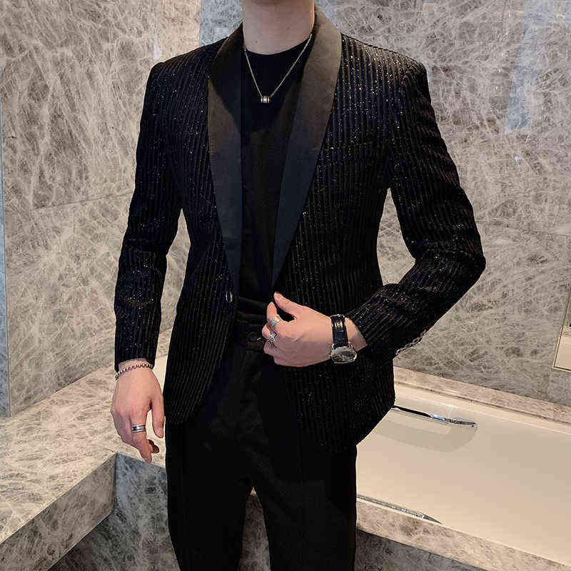 Blazer Men Sequins Male Striped Suit Jacket Korean Style Slim Fit Casual Men Fashion Black Stage Club Party Blazers 211120