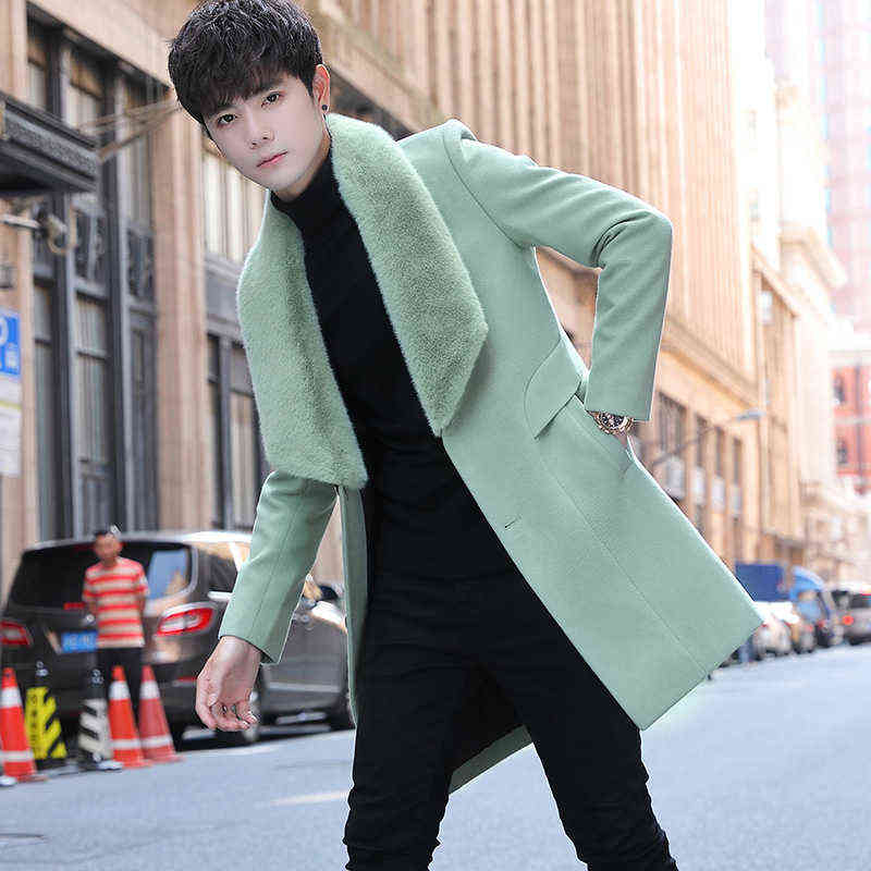 Winter Thicker Jackets Mens Wool Trench Coat Fur Collar Keep Warm Long Overcoat Men Casual Windbreaker Erkekler Ceket 211122