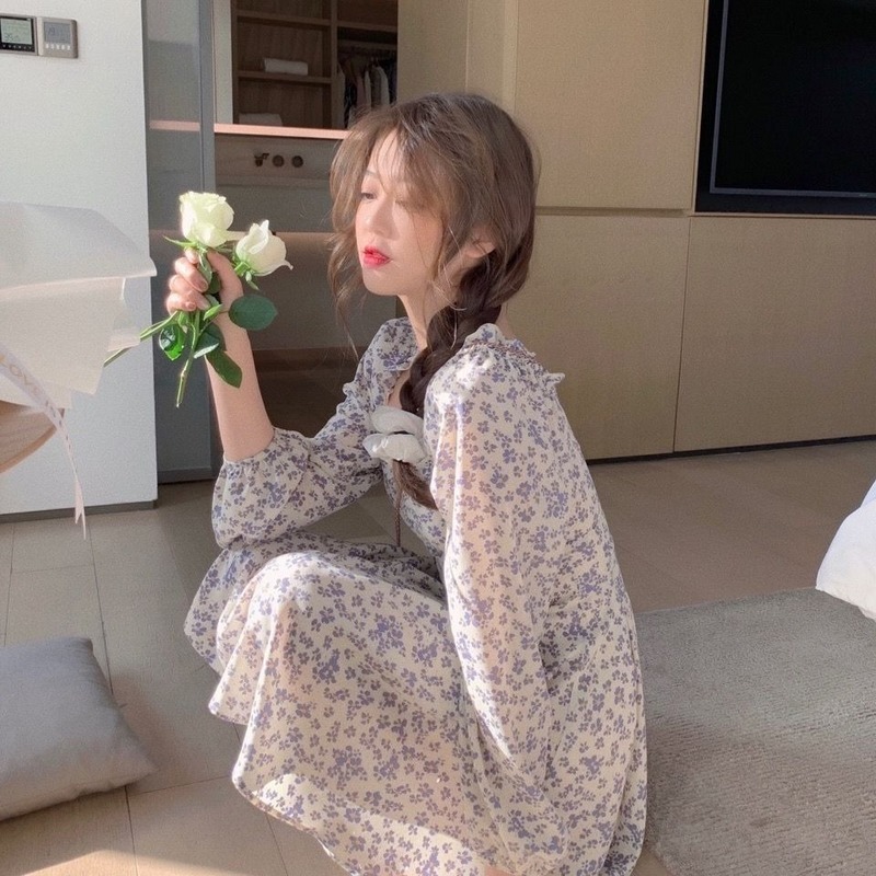 Summer Sweet Floral Mini Dress Women Long Sleeve Elegant Dress Kawaii Hollow Out Beach Party Dress Korean Style Office Lady 210521