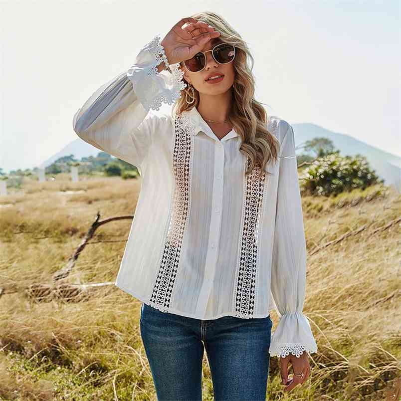 Women Hollow Lace Patchwork Blouses Elegant Stand Neck Flare Long Sleeve White Shirts Spring Single Breasted Office Ladies Tops 210522