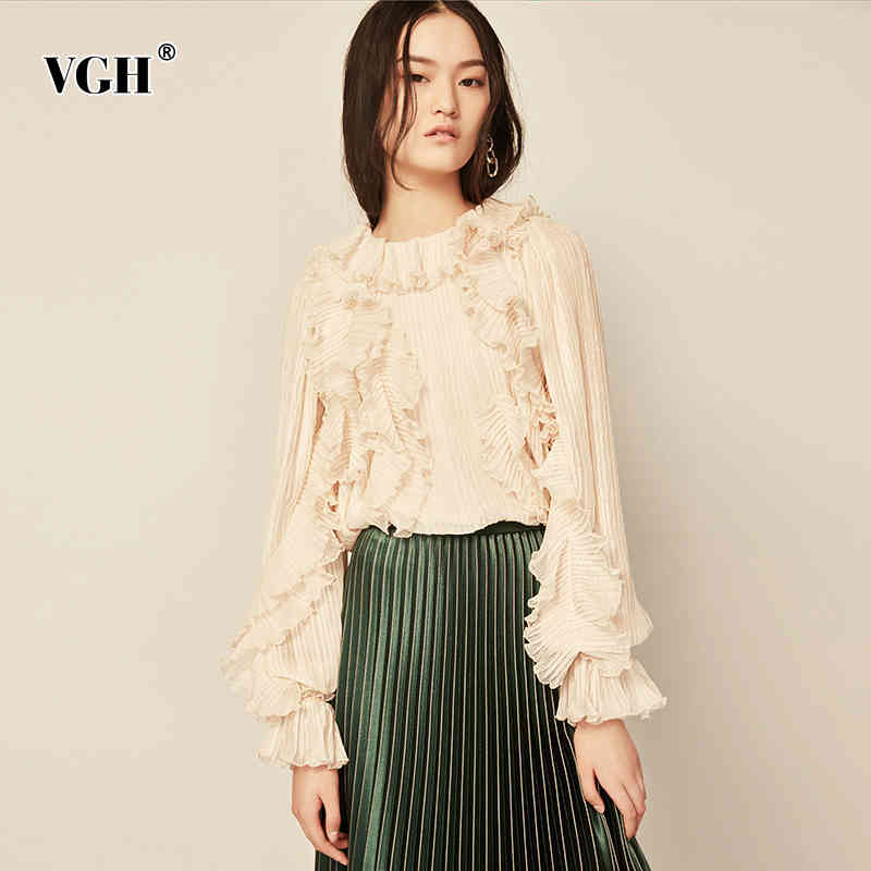 VGH Beige Patchwork Ruffles Women's Shirts Ruffled Collar Butterfly Long Sleeve Loose Slim Female Vintage Top Clothing New 210421