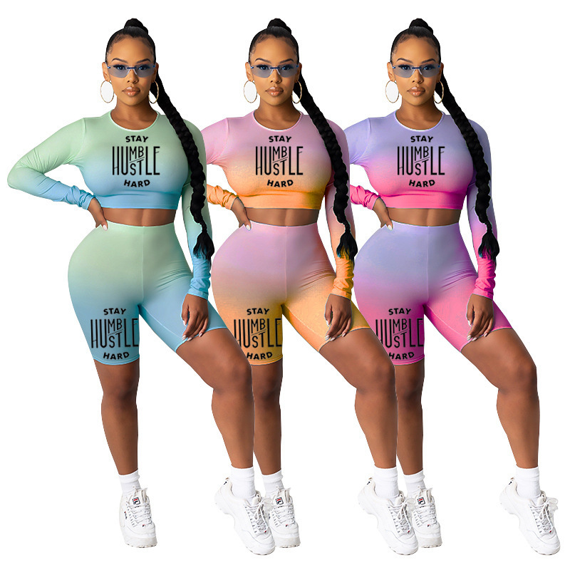 women sports tracksuits letter printing gradient color high elastic long sleeve shorts two-piece 2 piece set summer dresses, Gray
women sports tracksuits letter printing gradient color high elastic long sleeve shorts two-piece 2 piece set summer dresses, Gray