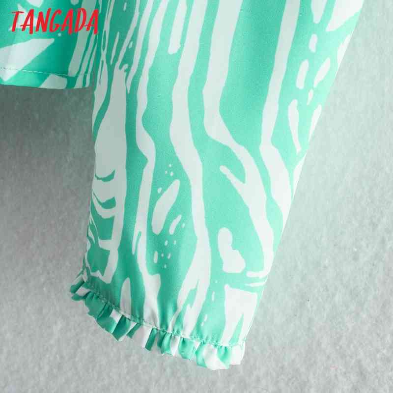 Women Retro Green Print Blouse Long Sleeve Stand Collar Female Casual Loose Shirt Blusas Femininas CE129 210416