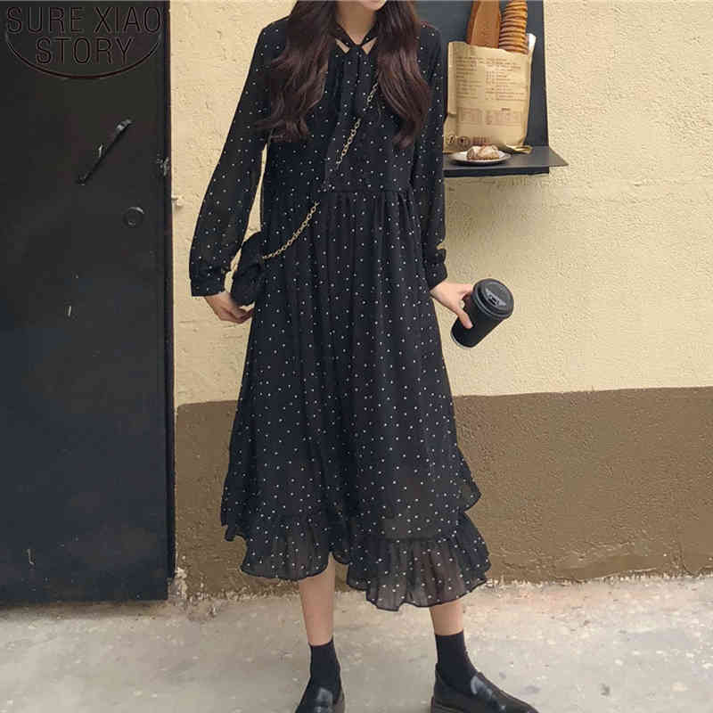 Women Lace-up Long Sleeve Female A-line Vintage Loose Dress Polka Dots Print Chiffon Vestidos Femme Autumn 10860 210518