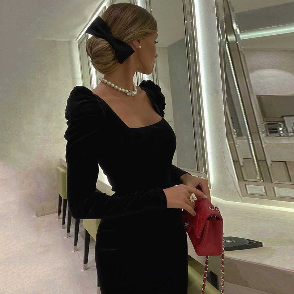 Women'S Black Velvet Knee-Length Long Sleeve Sexy Square Neck Celebrity Party Tight Club Dress Vestido 210527