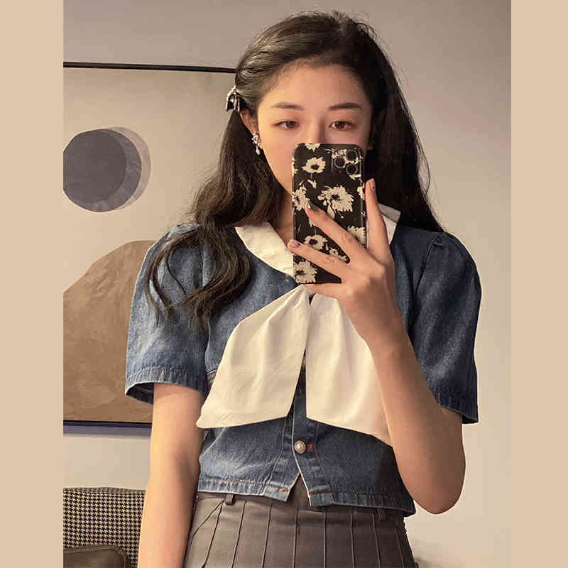 Summer Retro Contrast Short Sleeve Bow Denim T Shirts Women Sexy Slim Thin Single-breasted Crop Tops Fashion Jeans 210429