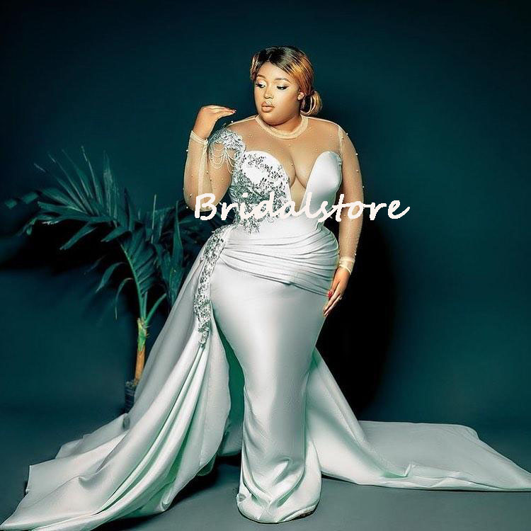 2022 Plus Size Evening Dress Aso Ebi Silver Sexy African Prom Dresses With Overskirt Train Beaded Satin Formal Ceremony Dress Turish Muslim Robe De So