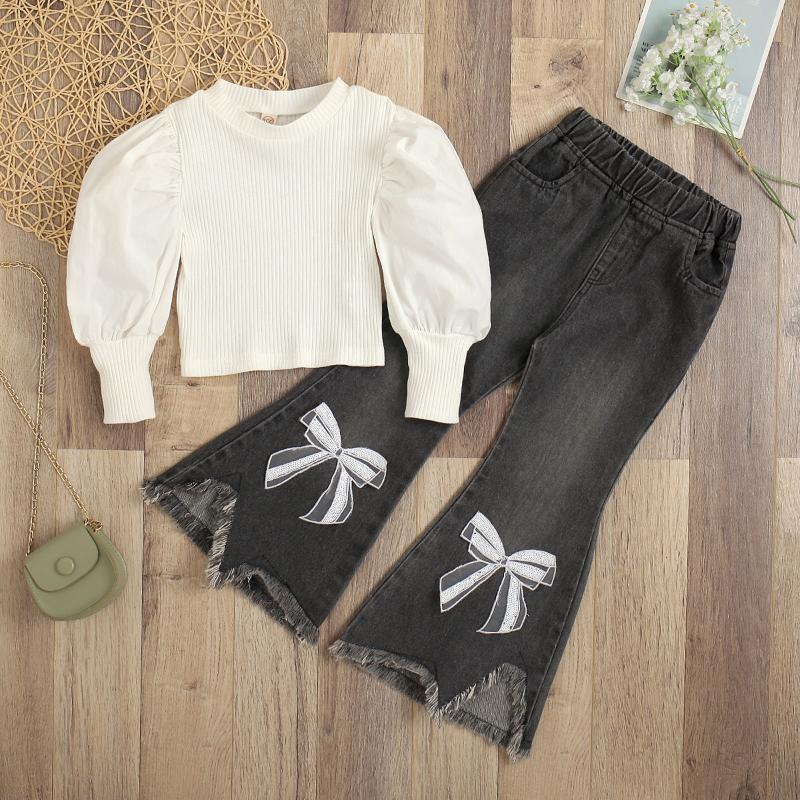 Clothing Sets Fashion Fall Girls Set Bishop Sleeve Round Neck Knitted Solid Color Tops Elastic Waist Flared Bow Knot Printed Long Jeans 2pcs, Beige
Clothing Sets Fashion Fall Girls Set Bishop Sleeve Round Neck Knitted Solid Color Tops Elastic Waist Flared Bow Knot Printed Long Jeans 2pcs, Beige