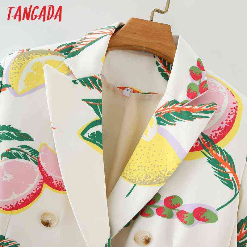 Tangada Women Fashion Fruit Print Blazer Coat Vintage Double Breasted Long Sleeve Female Outerwear Chic Tops DA139 211116