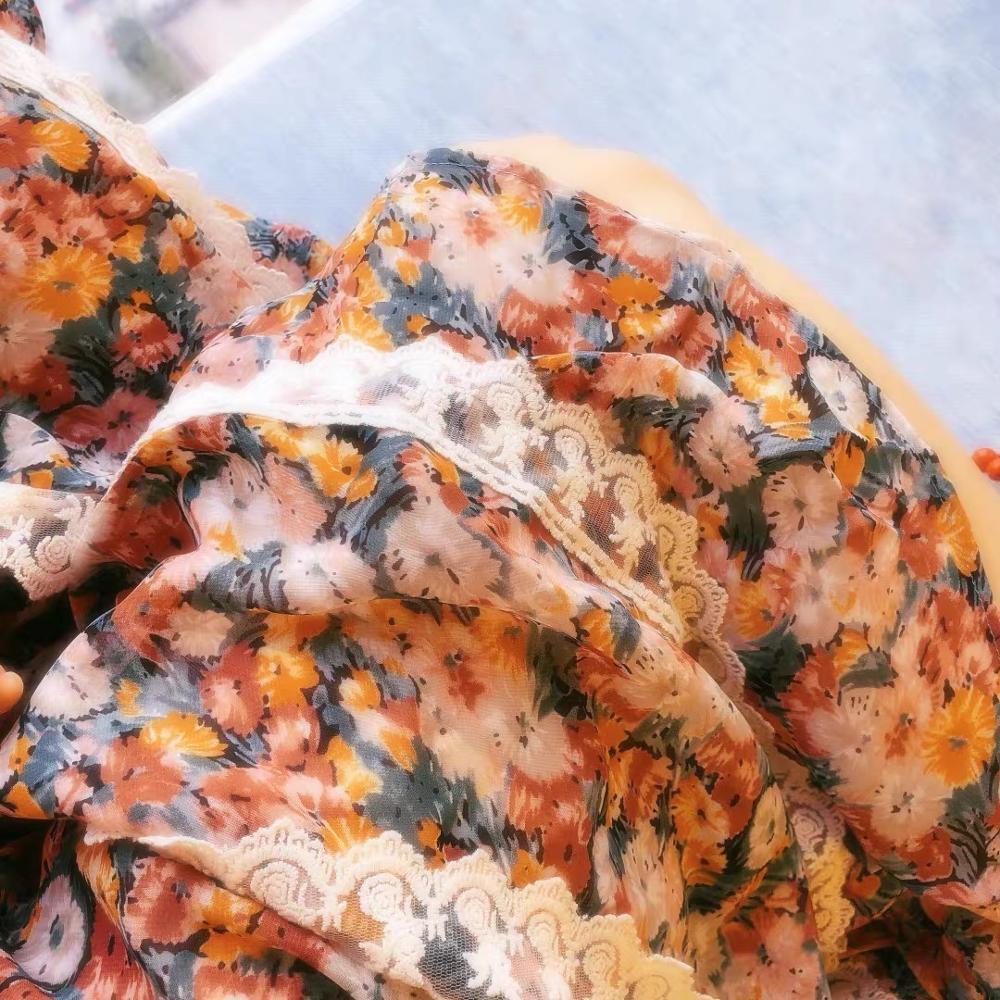 Women Summer Print Long Dress Fashion Lace V-neck Short Sleeve A-line Empire Slim Floral vestido de mulher 210421