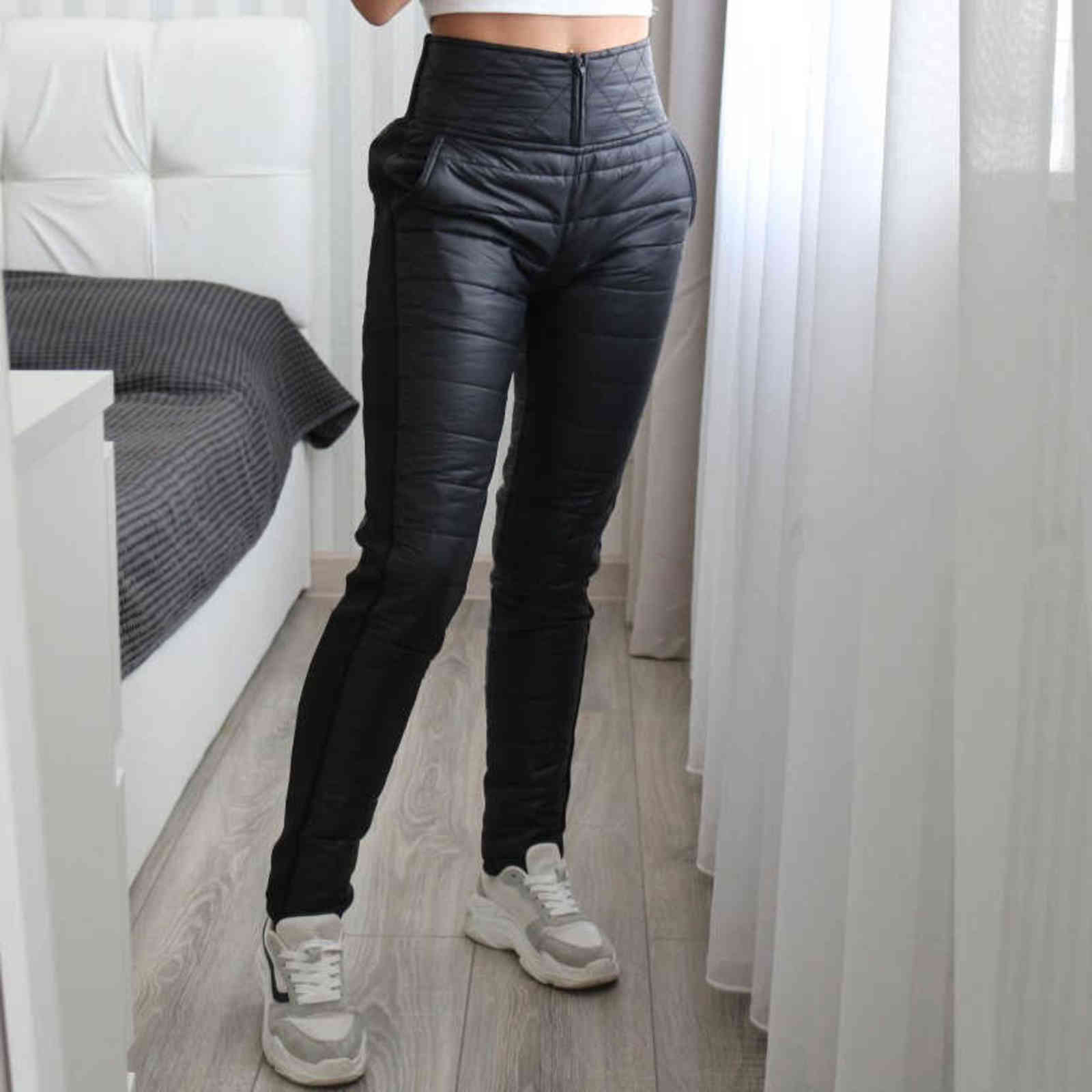 Winter Warm Duck Down Velvet Women's Pants High Waist Solid Skinny Formal Female Elastic Work Trousers Lady 211115