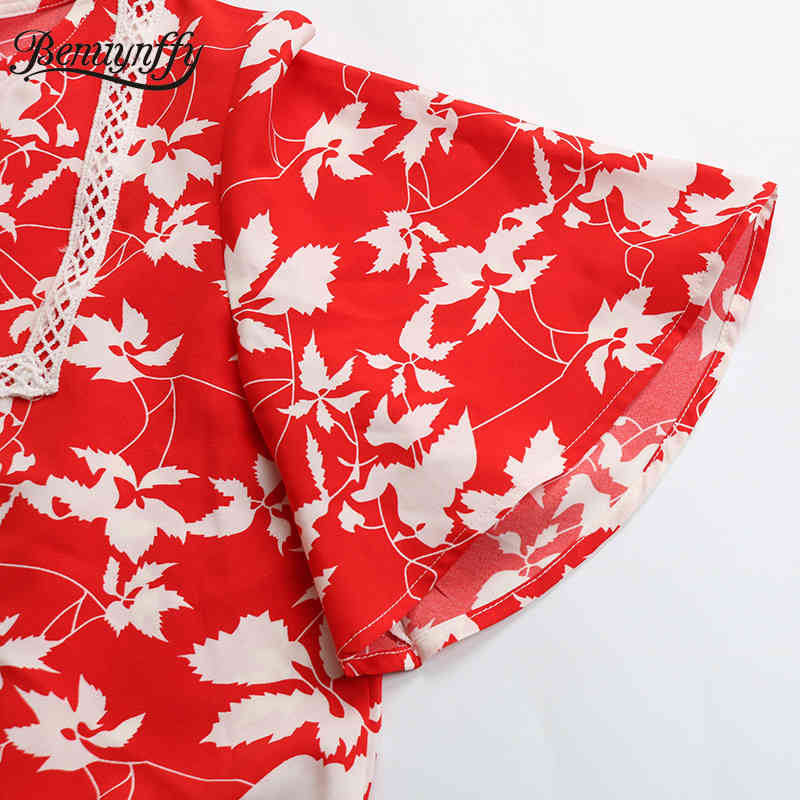Tassel Tie Neck Chiffon Loose Blouses Women Summer Boho Print Short Sleeve Ladies Tops Holiday Casual Lace up Blouse 210510