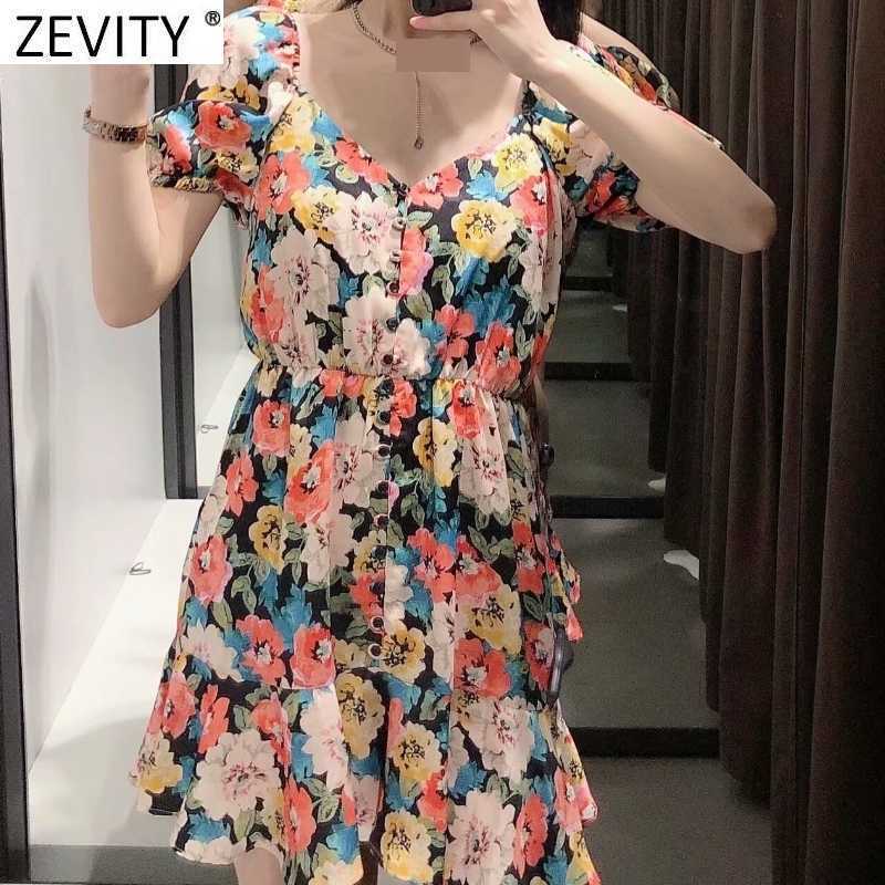 Zevity Women Vintage V Neck Puff Sleeve Elastic Waist Shirt Dress Female Chic Floral Print Casual Hem Ruffle Mini Vestido DS8275 210603
