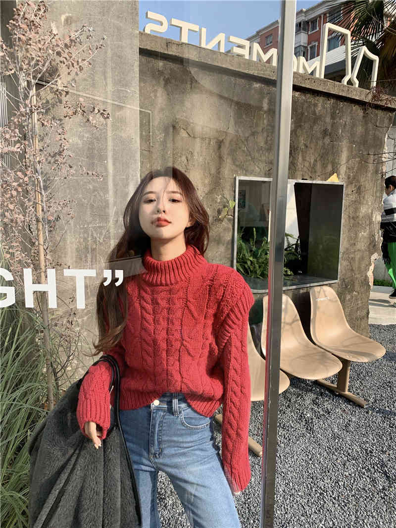 womens knitted Sweater Autumn and winter loose korean style female Soild Color red Sweaters and pullovers womens (R99516) 210423