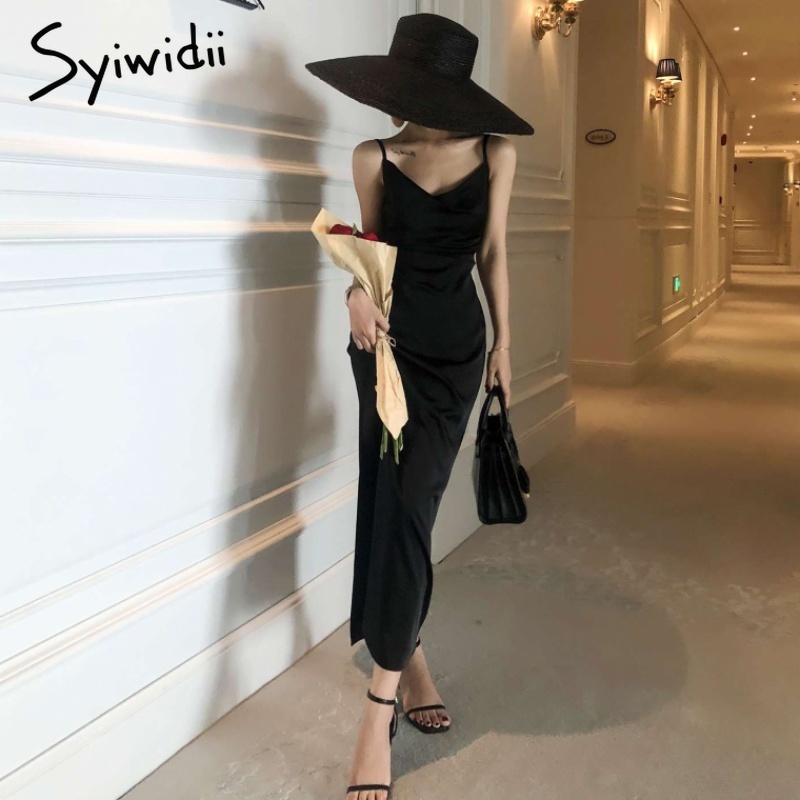 Syiwidii Satin Dress Woman Sleeveless Spaghetti Strap Casual Straight Red Black Spring Summer Fashion French Dresses Party 210409