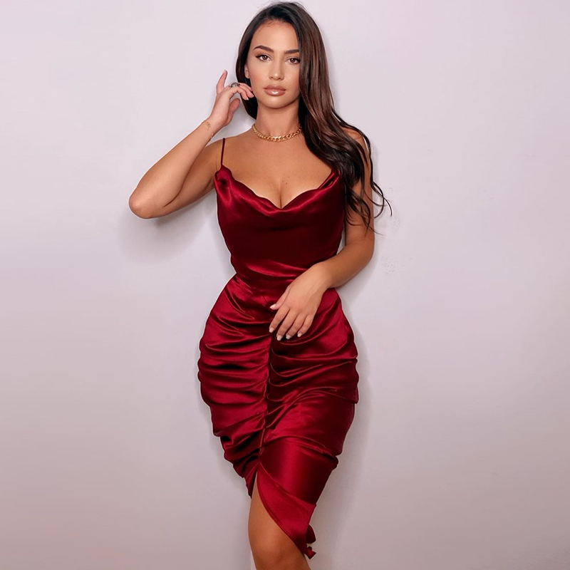 Colysmo Satin Party Dress Women Red Spaghetti Straps Cowl Neck Ruched Backless Sexy Long Dresses Summer Club Vestidos New 210409