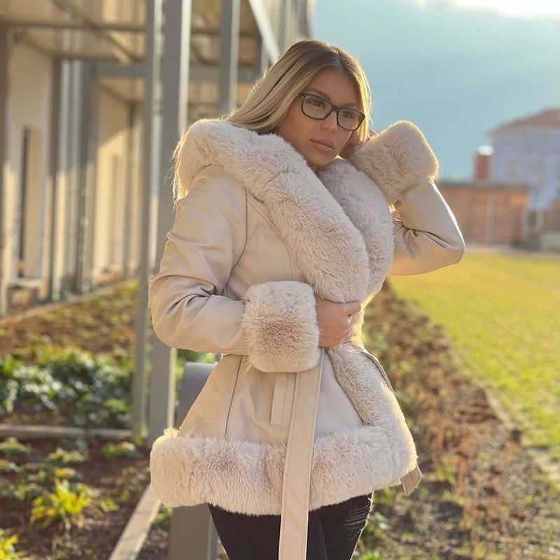 Genuine Leather Coat Fluffy Rex Rabbit Sweater Collar Long-Sleeved Warm Clothes Autumn&Winter Ladies Thick Outerwear 210927