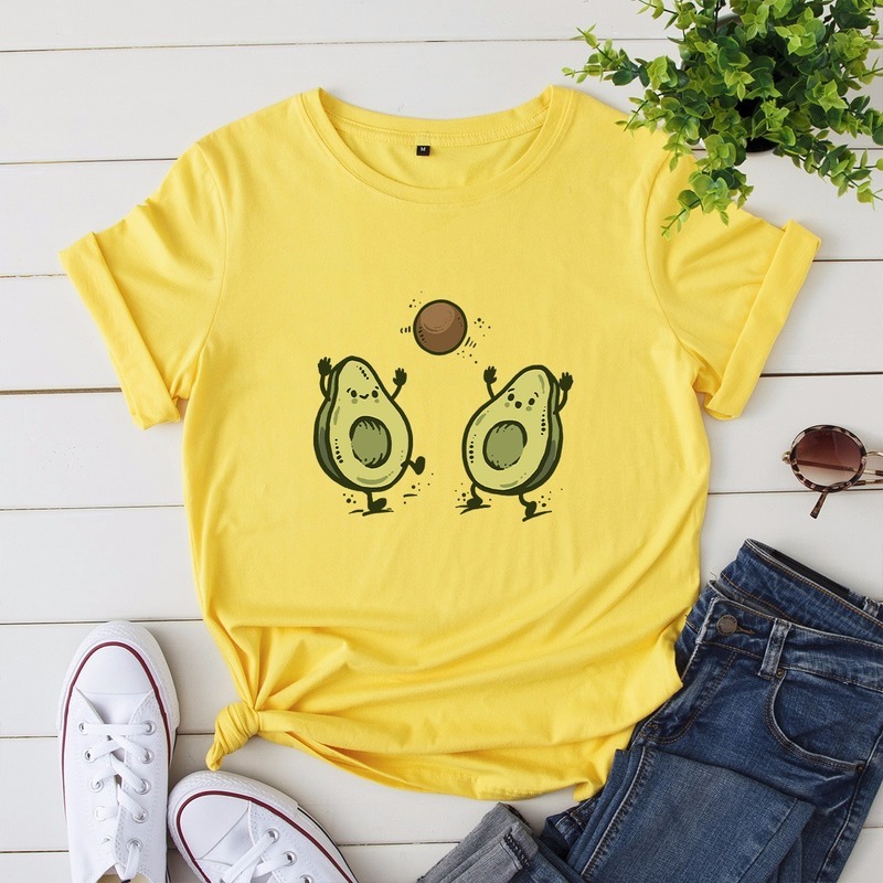 JCGO Summer Cotton T Shirt Women Plus Size S-5XL Funny Avocado Print O-Neck Short Sleeve Simple TShirts Casual Ladies Tee Tops 210406