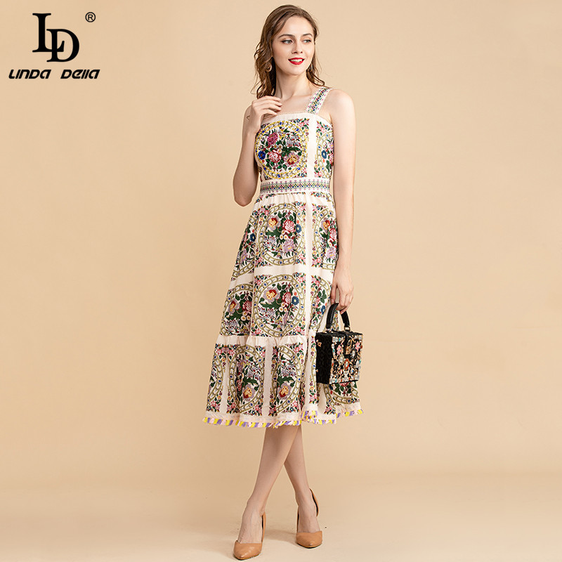 Summer Fashion Runway Vintage Dress WomenSpaghetti Strap Beautiful Floral Print Beading Midi Party Elegant 210522