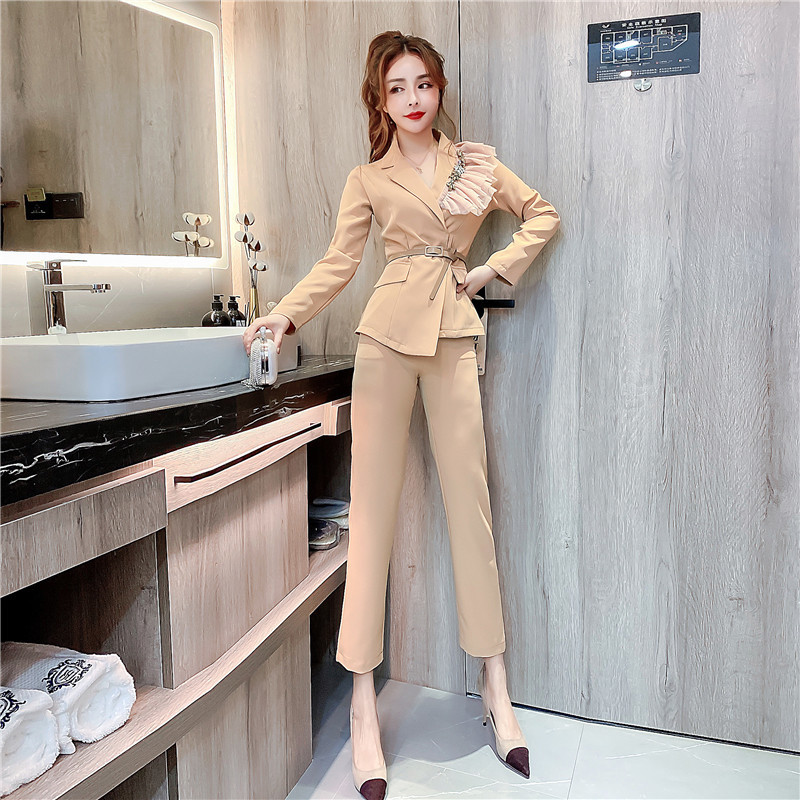 Spring Fashion women Two Piece Sets Office OL Slim Beading Blazer + Pants Suit Lady Business Elegant Formal 210519
