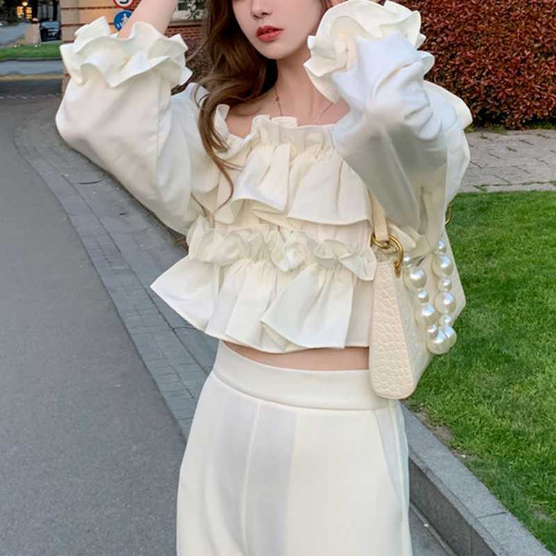 Sweet Fresh Sexy Slash Neck Long Sleeve Blouses for Women Summer French Style Crop Tops Fashion Kawaii All-match Woman Blouse 210525