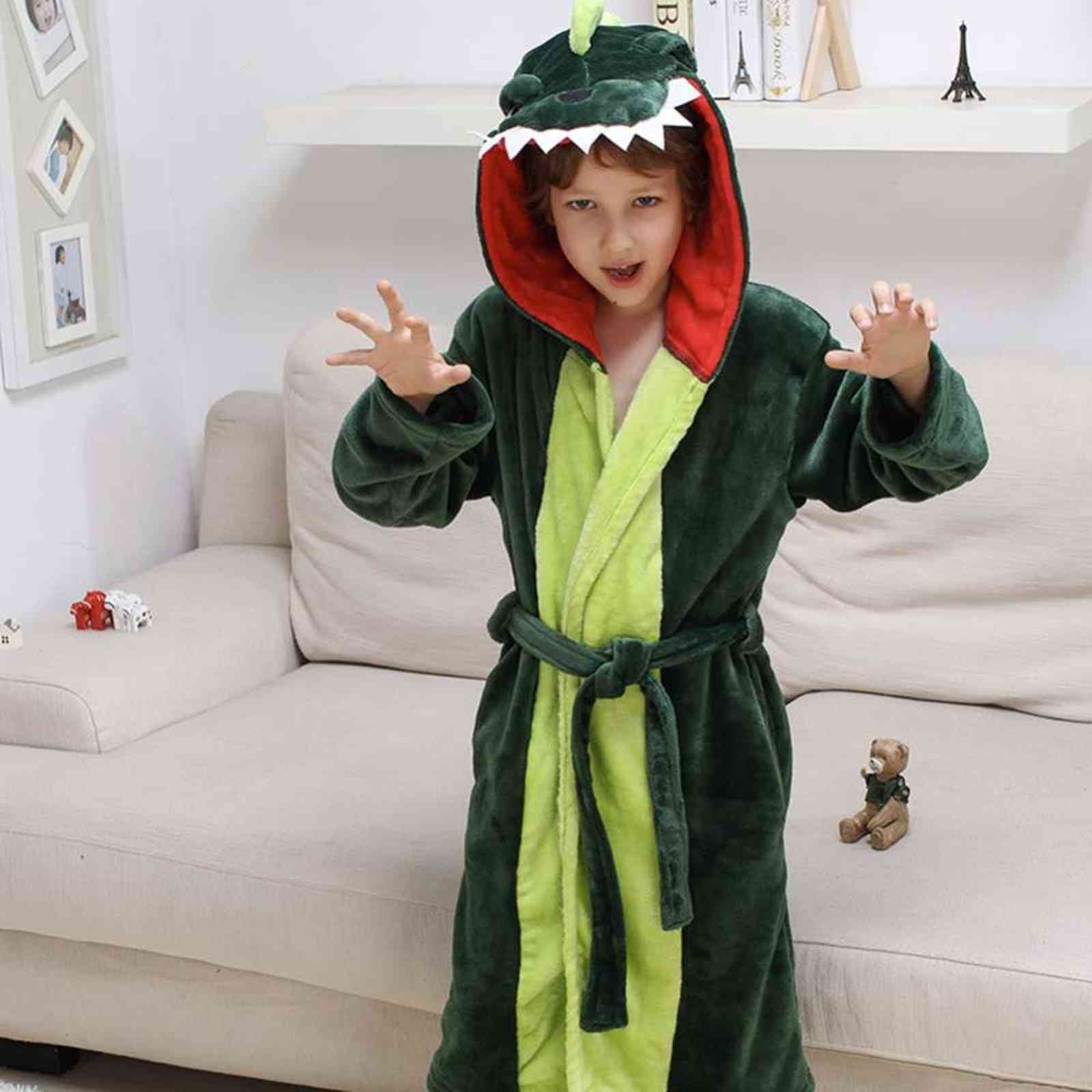 Girls Boys' Plush Hooded Bathrobe - Dinosaur Fleece Robe 211130