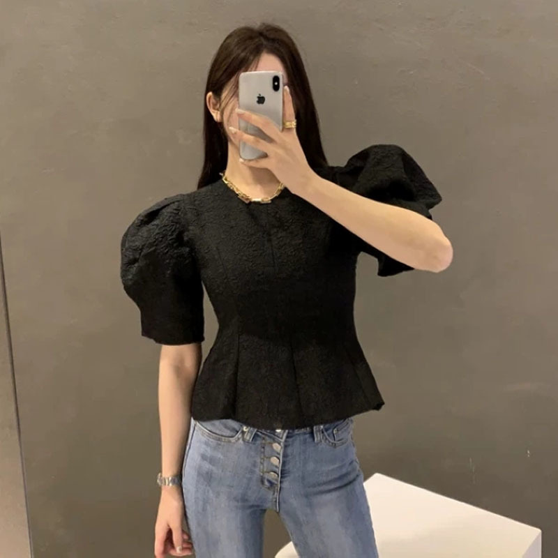 Korea Style Chic Bubble Sleeve Round Neck Women Blosue Short Slim Shirt Office Lady Top Female 13945 210427