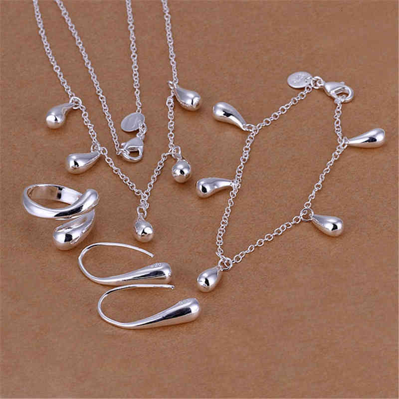 Charm 100% 925 Sterling Silver Water Droplets Bracelet Necklace Earrings Ring Jewelry Set for Women Fashion Party Christmas Gift