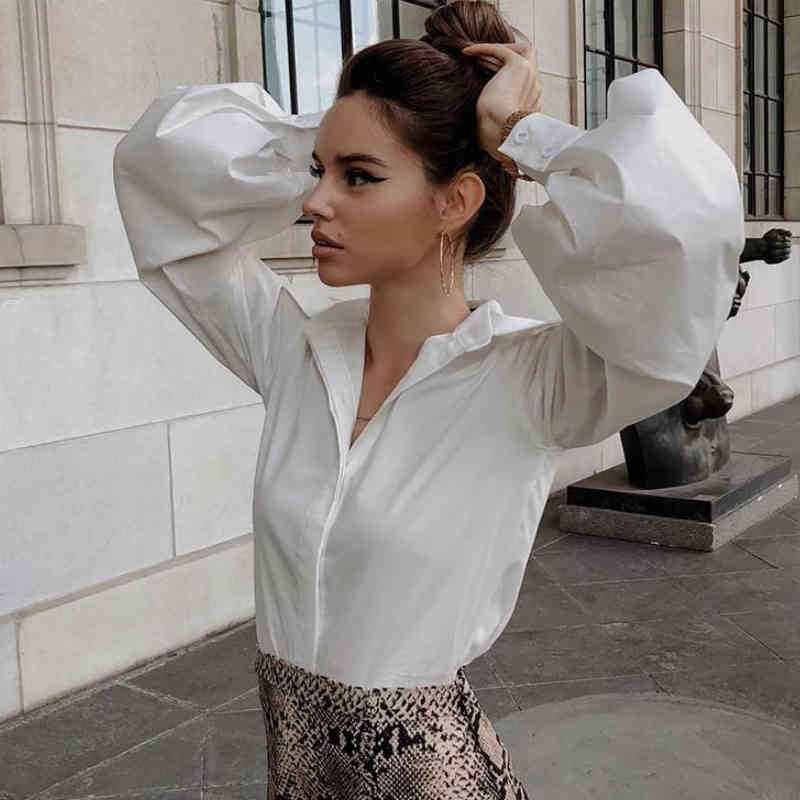 Lantern Sleeve Shirt White Black Sexy Casual Plus Size Blouse Women Turn Down Collar Cardigan Ladies Clothing Female 10903 210508