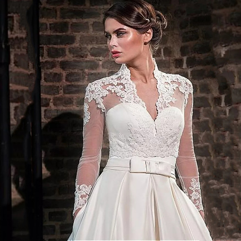 Elegant Wedding Dresses Deep V-neck Long-sleeves Belt Custom made Appliqued Lace Bridal Gowns Glitter Sweep Train Robes De Mariée