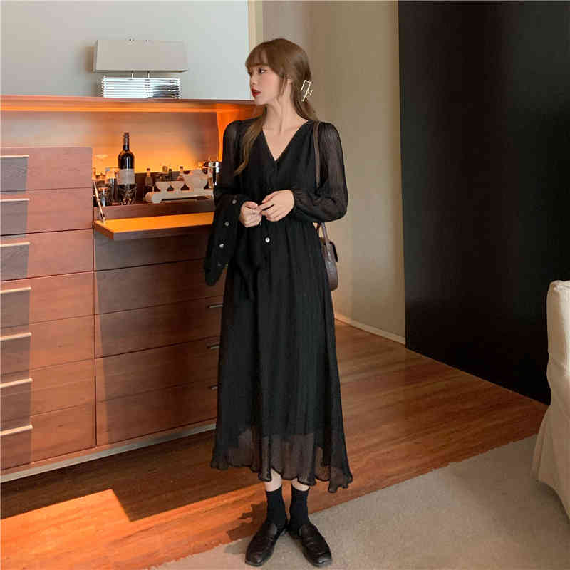 Elegant Dress Women Casual Lace Long Sleeve Dress Korean Button Evening Party V-neck Vintage Dress Female Autumn 210521