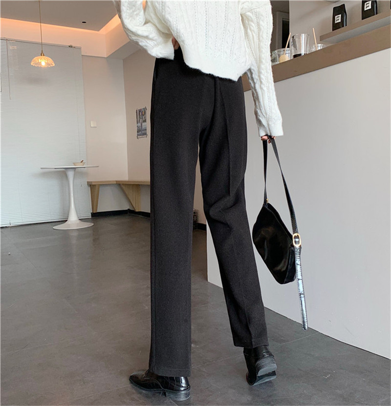 Elegant High Waist Straight Wide Leg Woolen Pants Women Bottom Autumn Winter OL Solid Thick Loose Suit Trousers Femme 210421