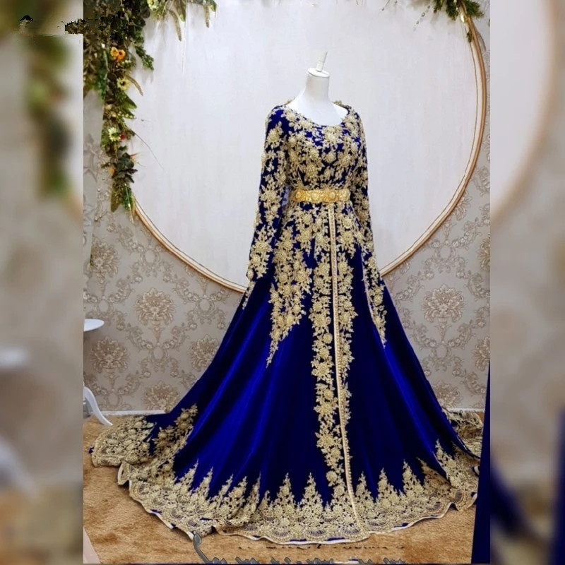 Blue Royal Caftan Marocain De Soire Evening Dresses Long Sleeve Applique A E Plus Size Prom Dress With Cape Vestidos Formale